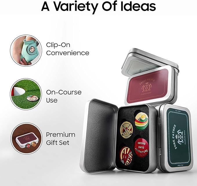 Clapley Ball Markers, Premium Gift Box Set for Golfer, 4pcs Stainless Steel & Oven-Cured Enamel, Eye-catching & Easy to spot, Pair with Magnetic Glove & Clip