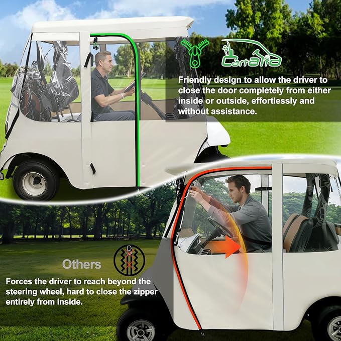 Golf Cart Deluxe Driving Enclosure 2 Passengers Fits EZGO TXT & RXV Golf Cart, Fits Short Roof 40.94" W and 59.05" L, Clear Window with Door Zippers 600D Heavy Duty Drivable Rain Covers