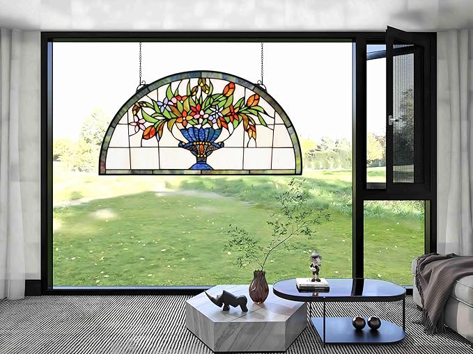 24 inch Flower Stained Glass Window Hanging Half Moon Shade, 100% Real Stained - Image 5