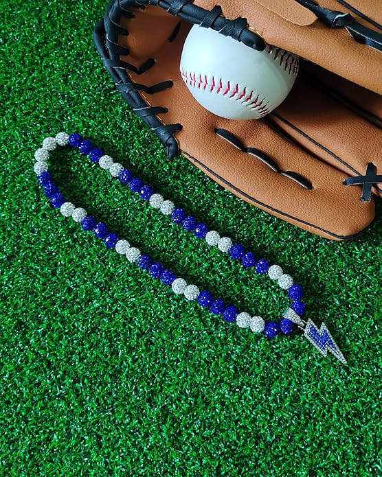 Baseball Necklace for Men 16/18/20 Inch Bling Ice Collection Lightning Bolt Pendant Necklace for Women Rhinestone Clay Beaded Discoball Accessories Gifts for Baseball Team Players Lovers