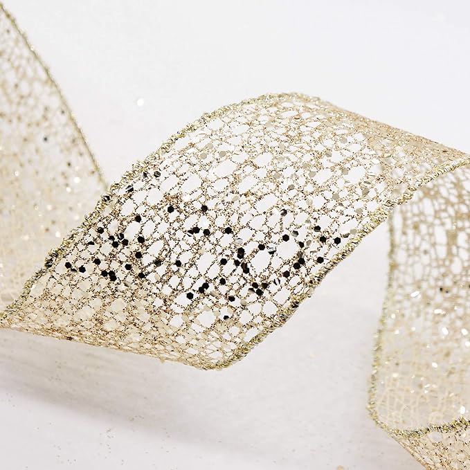 CT CRAFT LLC Sparkling Glitter Mesh Wired Ribbon 2.5" x 10 Yards Champagne Gold - Image 3