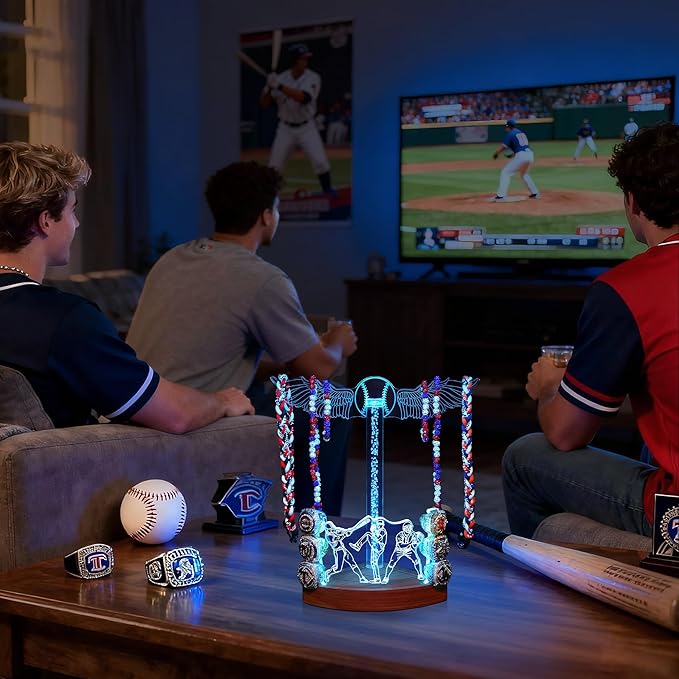 CoolGift Mart Light Up Baseball Ring Holder with Necklace Stand, Acrylic Display with Multiple Color Modes and Brightness Adjustment Function with Remote Control, Gifts for Baseball Enthusiasts