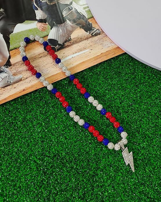 Baseball Necklace for Men 16/18/20 Inch Bling Ice Collection Lightning Bolt Pendant Necklace for Women Rhinestone Clay Beaded Discoball Accessories Gifts for Baseball Team Players Lovers
