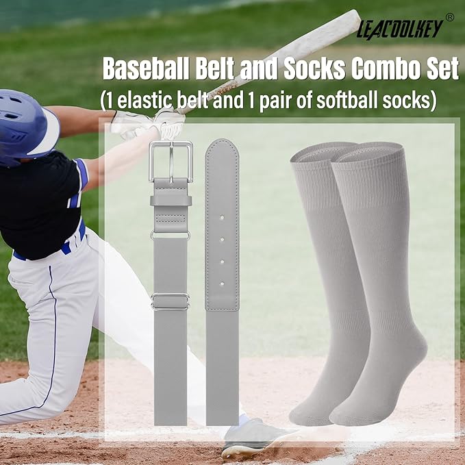 LEACOOLKEY Baseball Belt and Socks Combo Set Adjustable Softball Socks and Elastic Belt for Youth and Adult