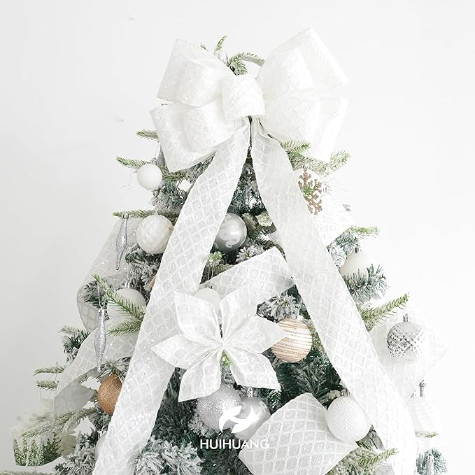 HUIHUANG White Glitter Wired Ribbon, 4 Inch x 30 Ft, Geometric Pattern - Image 5