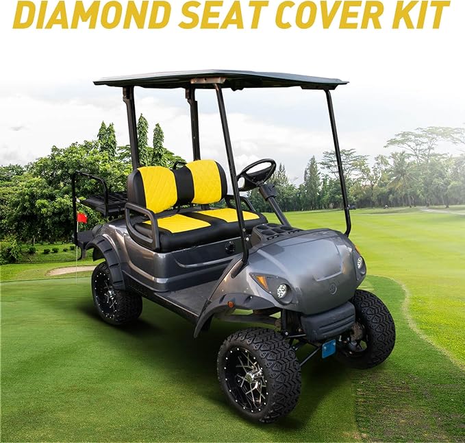 NOKINS Golf Cart Diamond Seat Covers Kit, Fit for Yamaha Drive/Drive 2 OEM Standard Front Seat Cushion, Golf Cart Vinyl Seat Cover, No Nails Required (Yellow and Black)