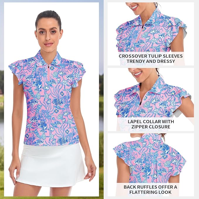 Soneven Womens Petal Sleeve Golf Shirts Moisture Wicking Lady Golf Apparel Print Tennis Sport T Shirt