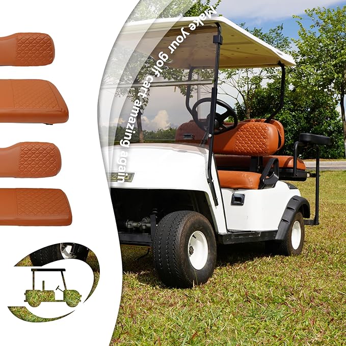 XUANYUDG0769 Golf Cart Front and Rear Seat Covers for EZGO TXT/RXV Club Car DS/Precedent Yamaha G29, Vinyl Leather Made/Adjustable Straps and Retractable Buckle/No Stapler Required,4PCS
