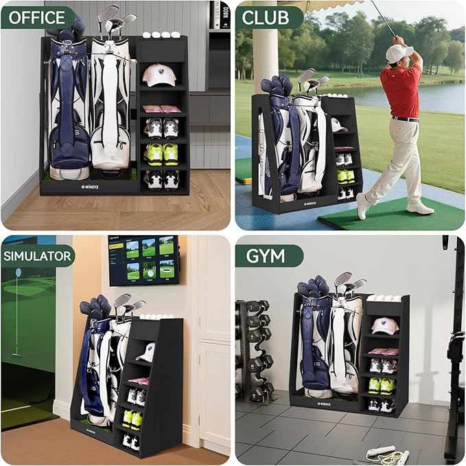 WINGYZ Premium Birch Plywood Golf Bag Storage for 2 Bags | 36lb Rock-Solid Golf Bag Organizer | 7-Shelf Command Center | Artificial Turf 12-Ball Display | No Wall Mounting Required (Black)