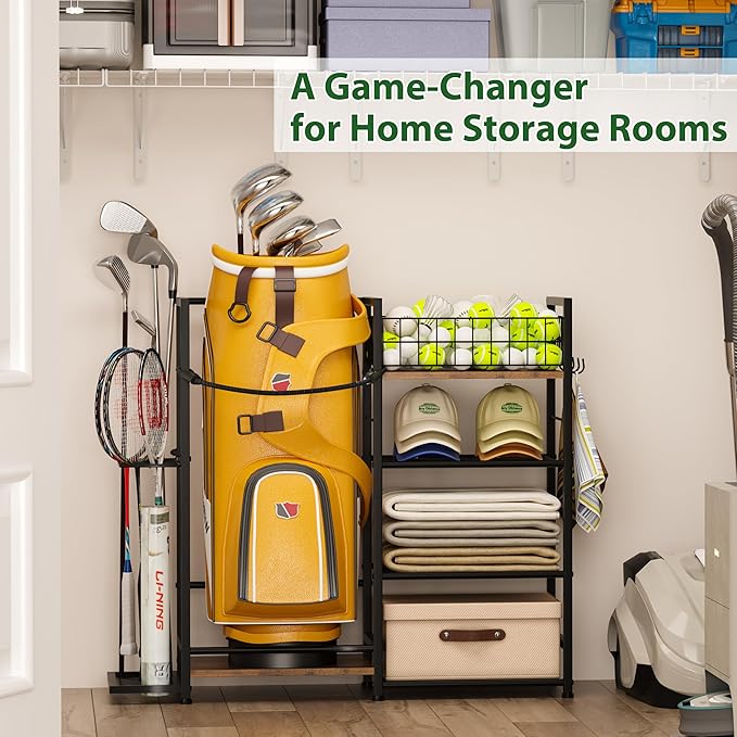 Golf Bag Organizer for Golf Accessories for Men, Golf Bag Stand with Extra Storage Rack for Clubs, Golf Bag Holder for Golf Storage Fits 1 Bag, Garage, Home or Club Use, Golf Gifts for Dad