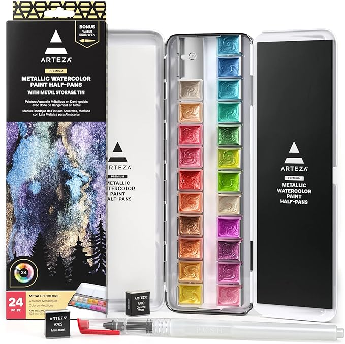 ARTEZA Watercolor Paint Set, 24 Metallic Watercolor Paints, Glitter Watercolor by ARTEZA