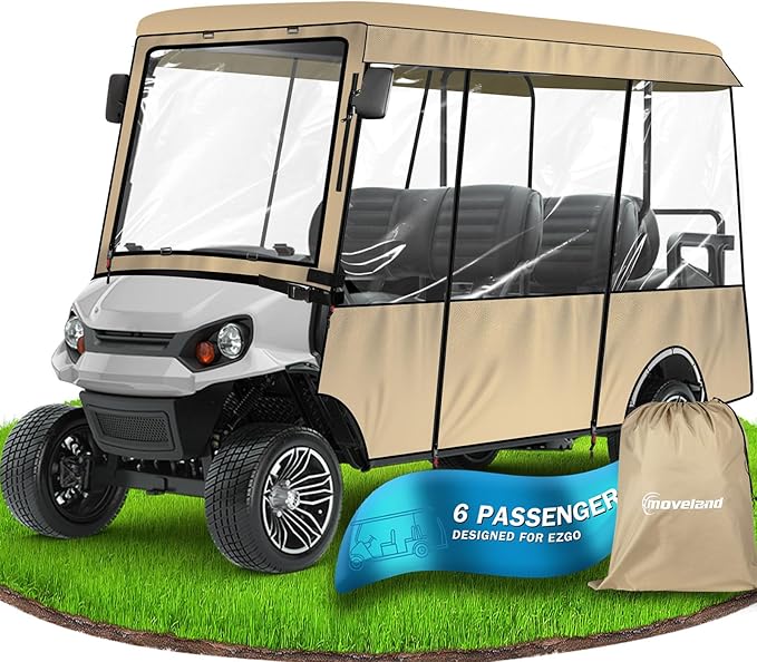 moveland Golf Cart Enclosure, Waterproof 600D Polyester w/Clear PVC Windshield, Compatible with EZGO Golf Carts (Fits 2 & 6 Passenger Models)