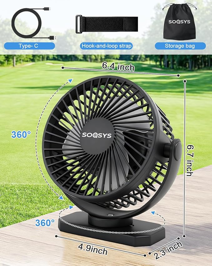12000mAh Golf Cart Fan Rechargeable Magnetic Base, Battery Operated Fan Portable with 3 Speeds, LED, Timers, Strap, Hook - Golf Cart Accessories Suitable for Club Car Camping Office Cruise Ship