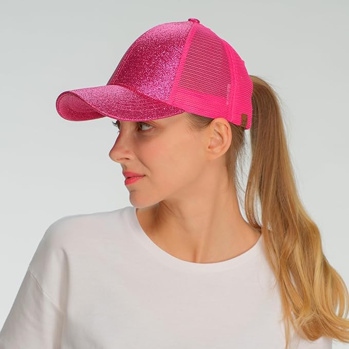 C.C Ponycap Messy High Bun Ponytail Adjustable Glitter Mesh Trucker Baseball Cap