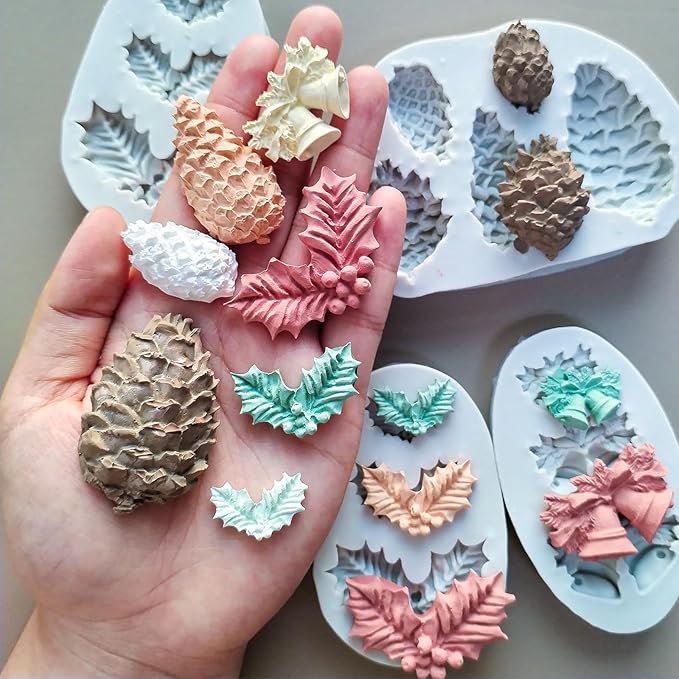4PCS Christmas Fondant Molds, Christmas Holly Leaves Bells Pinecone Silicone - Image 2