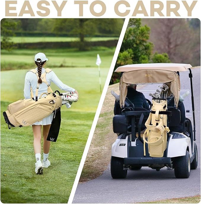 Luxury Womens Golf Bag, PU Leather Golf Stand Bag for Women/Ladies, 14-Way Full-Length Top Dividers, Ultra Lightweight, Large Pockets for Accessories