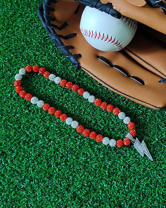 Baseball Necklace for Men 16/18/20 Inch Bling Ice Collection Lightning Bolt Pendant Necklace for Women Rhinestone Clay Beaded Discoball Accessories Gifts for Baseball Team Players Lovers