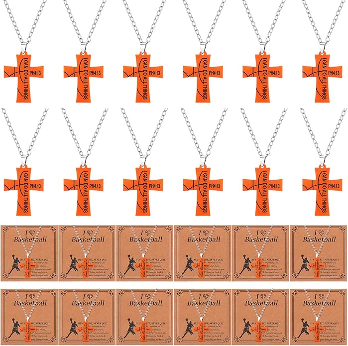 Tondiamo 24 Set Basketball Volleyball Cross Necklace with Card Sport Party Favors Charms Team Gift Bulk Religious Cross Necklace Christian Coach Gifts Jewelry for Sport Player Fans Men