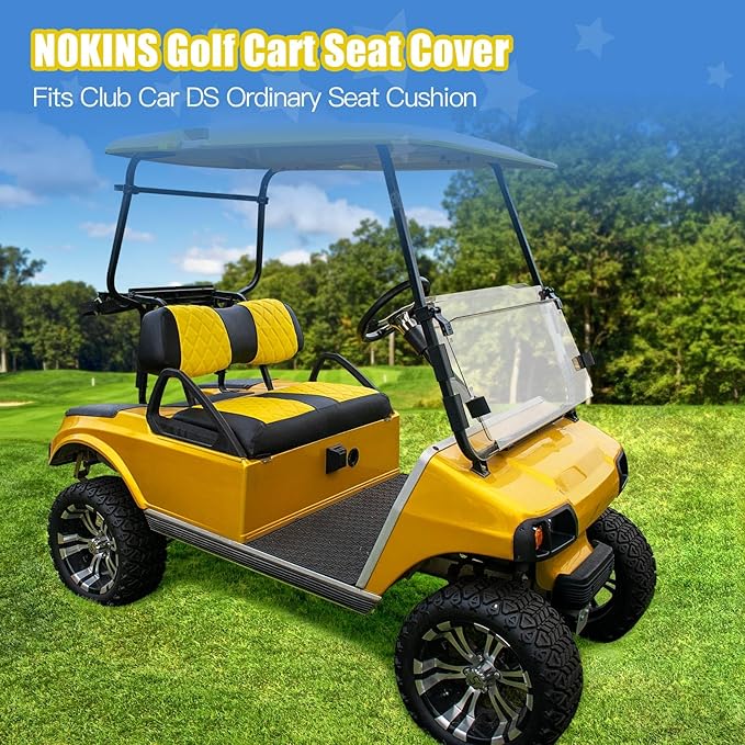 NOKINS Golf Cart Club Car DS 2000.5-Up Diamond Seat Covers Kit, Fits Club Car DS OEM Standard Front Seat Cushion, Golf Cart Vinyl Seat Cover, No Nails Required (Yellow and Black)