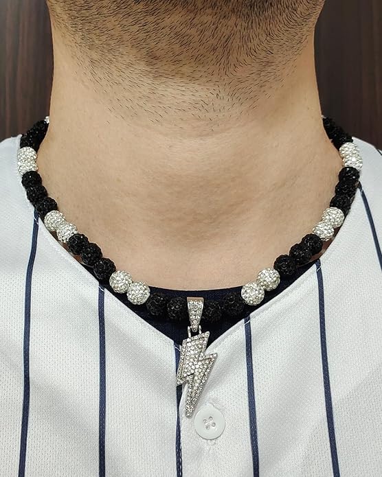 Baseball Necklace for Men 16/18/20 Inch Bling Ice Collection Lightning Bolt Pendant Necklace for Women Rhinestone Clay Beaded Discoball Accessories Gifts for Baseball Team Players Lovers