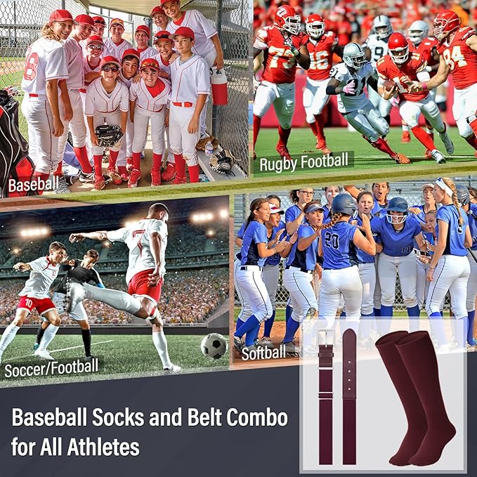 Baseball Socks and Belt for Youth Adult Softball Socks Combo Elastic Waist Belt for Men Kids Boys Girls Women JASGOOD