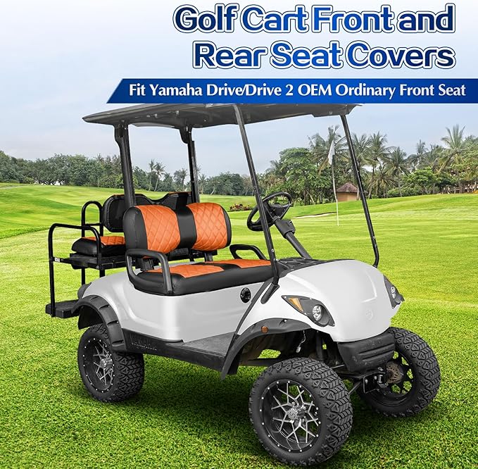 NOKINS 4PCS Golf Cart Diamond Seat Covers Kit,Front and Rear Seat Covers for Club Car Precedent/EZGO TXT/Yamaha Original Regular Seat Cushion (Orange and Black, Fit Yamaha Drive/Drive 2)