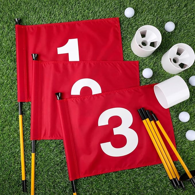 Golf Flag Stick 6ft, 3 Set Putting Green Flags with Hole Cup & Flagstick, Numbered Pin Flags for Backyard Yard Driving Range Chipping Green, Practice Accessories Gift for Men(Red)