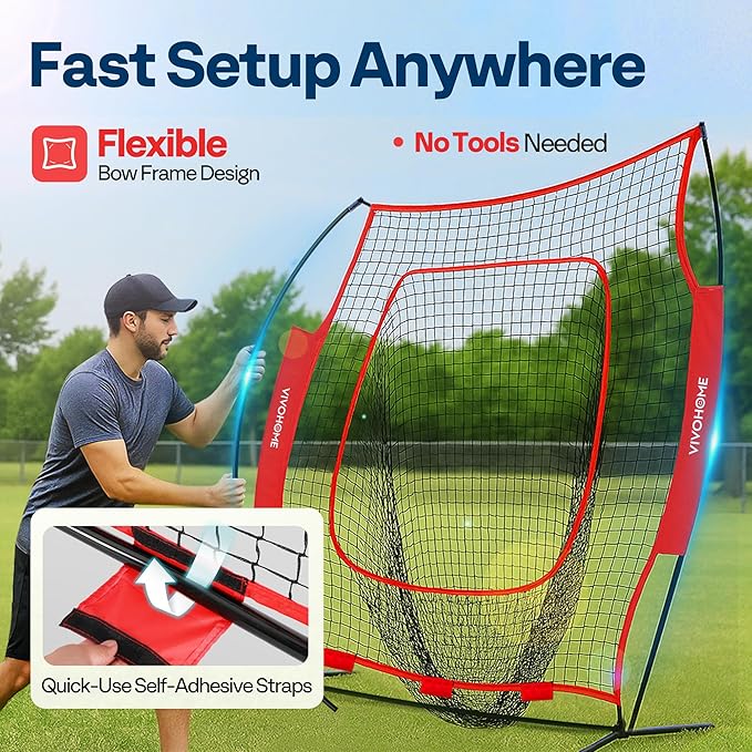 VIVOHOME Baseball Softball Batting Net - 7x7 Ft Baseball Backstop, Softball Practice Net for Hitting, Pitching, Throwing with Batting Tee and Carry Bag