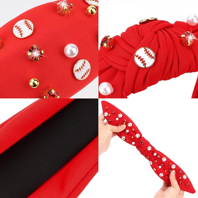 Baseball Headbands for Women Crystal Baseball Embellished Wide Top Knot Headband for Women Game Day Hair Accessories (Red)