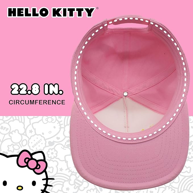 Hello Kitty Baseball Cap, Women's Snapback Hat with Flat Brim and 3D Ribbon and Ears