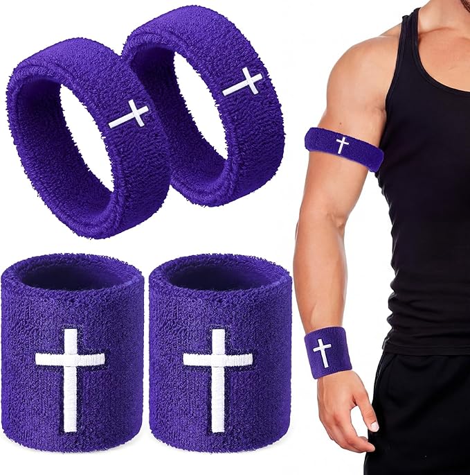 Soulchen 4 pcs Cross Bicep Bands Wrist Bands Christian Arm Sweat Wristbands Absorbent Armband for Men Women Football Baseball Players Sports Activities Supplies