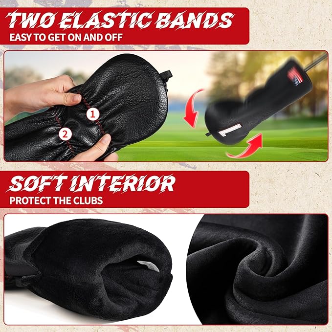 Golf Head Covers, US Flag Patriotism Golf Club Cover for Woods and Driver, Fairway, Hybrid - Premium Leather Golf Club Head Covers with Interchangeable Tags