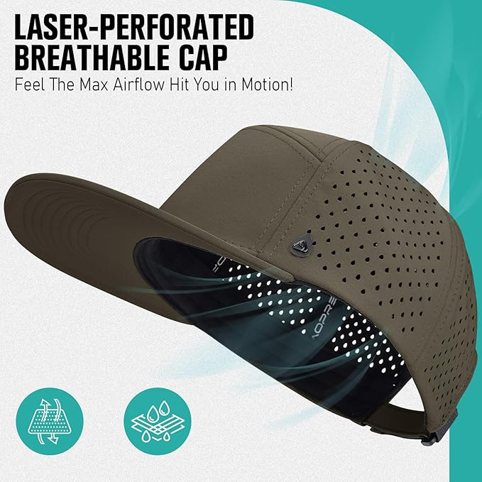AOPREL Flat Brim Baseball Cap for Men Adjustable Water-Resistant Performance Hat with Breathable Laser Perforated
