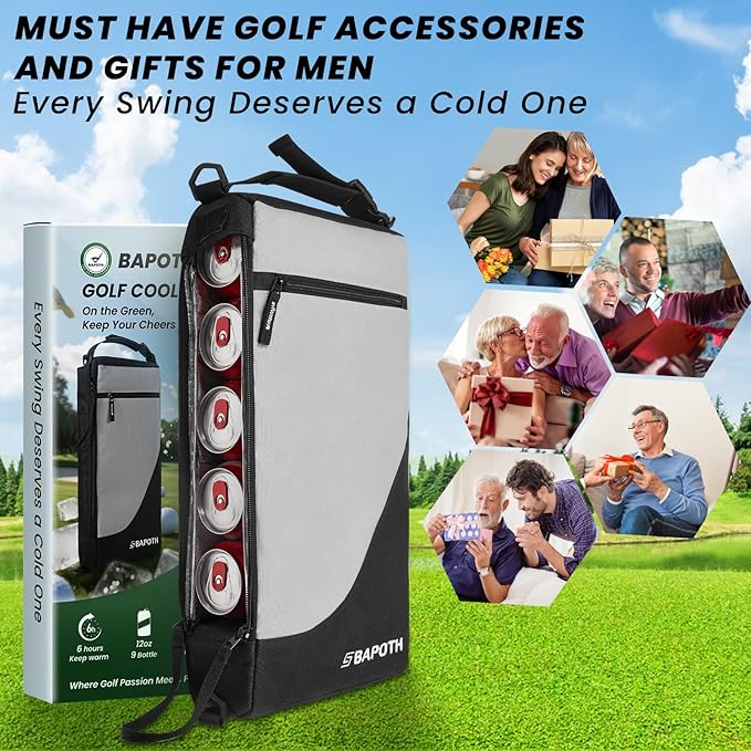 Golf Cooler Bag with 4 Ice Pack for 6 Hours, Large Capacity Golf Cooler Bag Hold 9-Can 12oz, 6-Can 16oz, 2 Bottle 750ml, Detachable Shoulder Strap for GolfCourse & Outdoor Parties
