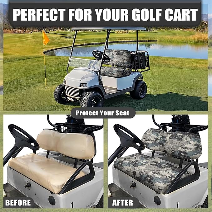 Bulopur Grey Camo Golf Cart Seat Cover Set Slip On Seat Covers for Golf Carts Easy Installation Washable Bench and Backrest Cover Compatible with EZGO & Club Car