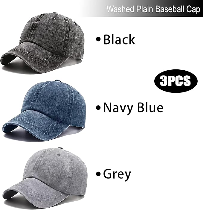 3 Pack Washed Plain Vintage Baseball Cap Cotton Adjustable Twill Bulk Low Profile Classic Dad Hat for Men/Women