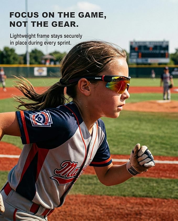 maivnz Youth Baseball Sunglasses for Boys and Girls Ages 6-12, Kids Sports Glasses for Softball Cycling, Helmet Compatible