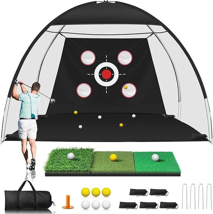 Golf Net, 10x7FT Golf Practice Net with Tri-Turf Mat for Outdoor Indoor, All-in-One Hitting Aid Nets for Backyard Training Driving Chipping Swing, Gifts for Men/Him/Dad/Golfer