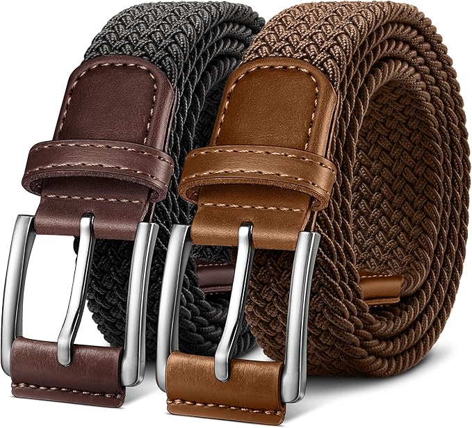 BULLIANT Belt for Men 2Pack,Mens Gift Stretch Braided Web Belt Elastic for Casual Golf Jeans,1 3/8"