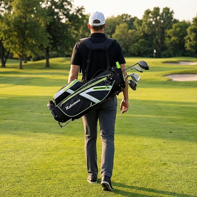 XDriveMax Golf Stand Bag with Accessory Pack, Lightweight 8-Way Top Dividers Golf Bag with Stand, Includes Insulated Cooler Pocket, Dual Strap & Rain Cover