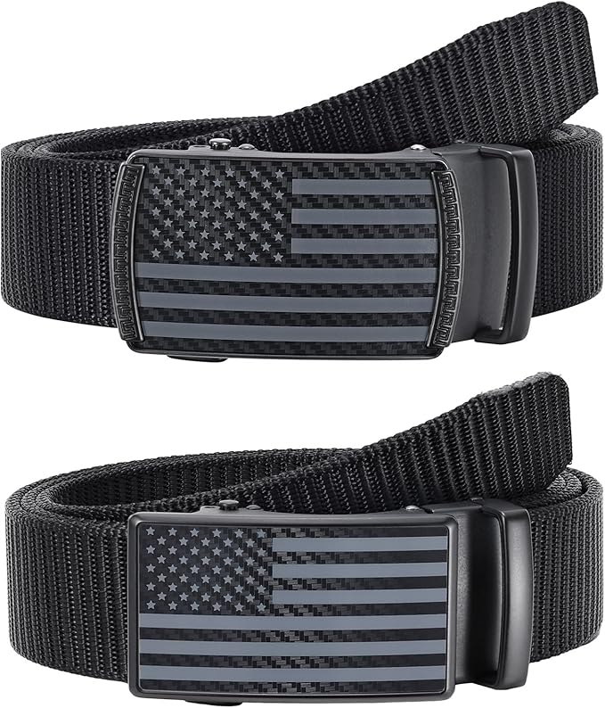 SANSTHS Nylon Ratchet Belts for Men 2 Pack, American Flag Slide Golf Belts 1 1/3", Tactical Work Web Belt 4th of July