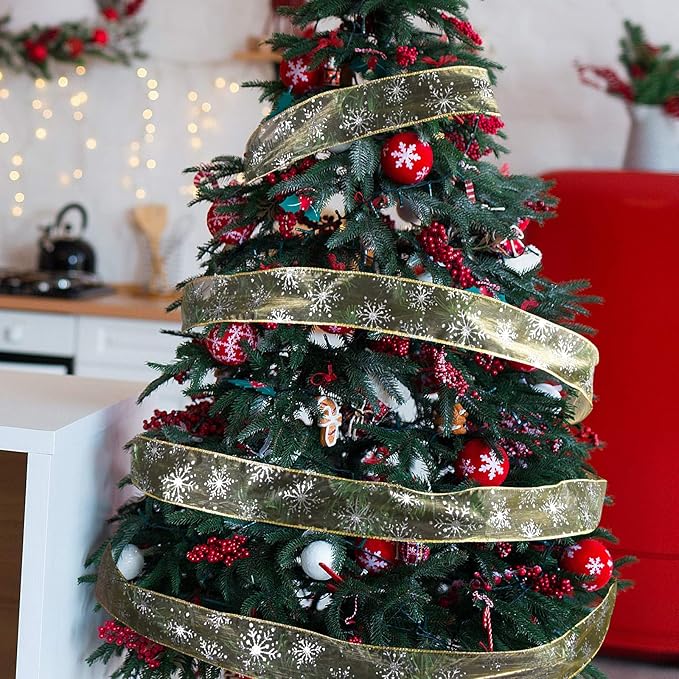 2.5 Inch Wide Christmas Wired Ribbon Snowflake Organza Sheer Glitter Ribbon - Image 7