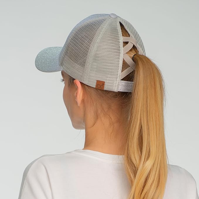 C.C Ponycap Messy High Bun Ponytail Adjustable Glitter Mesh Trucker Baseball Cap
