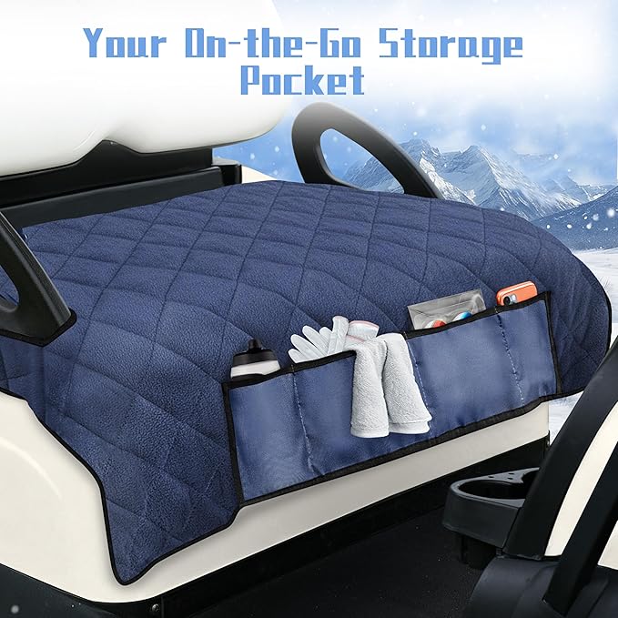 YOKYHOM Golf Cart Seat Covers with 4 Front Pockets, Thick Seat Towel Blanket with Non-Slip Backing, Fits EZGO, Club Car, Yamaha and More 2 & 4 Passenger Golf Carts, Navy Blue