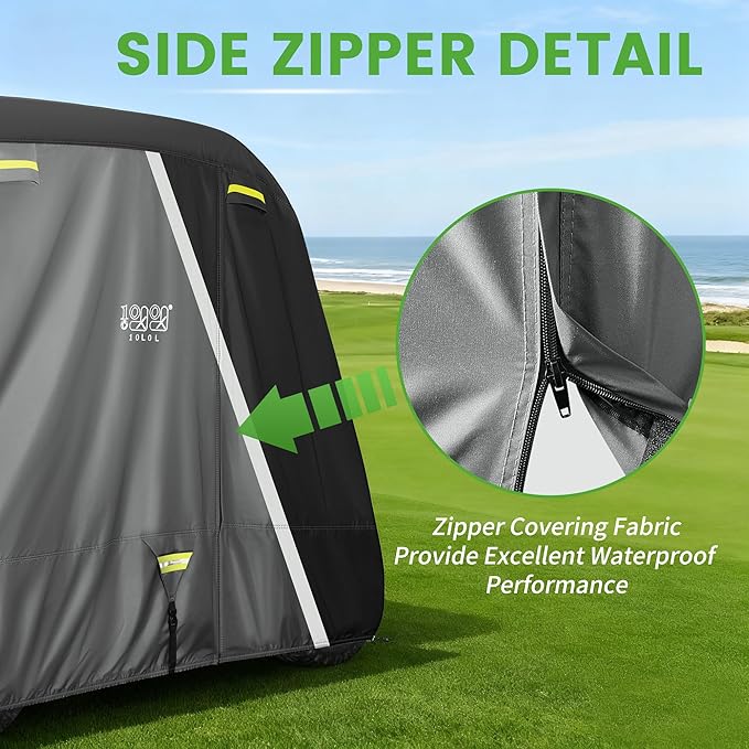 10L0L Golf Cart Cover 2/4/4+2 Passenger for Yamaha EZGO Club Car, Heavy Duty 420D Waterproof Windproof Durable Oxford Golf Cart Cover with 3 Zipper Doors for All-Weather Protection (Black/Silver)