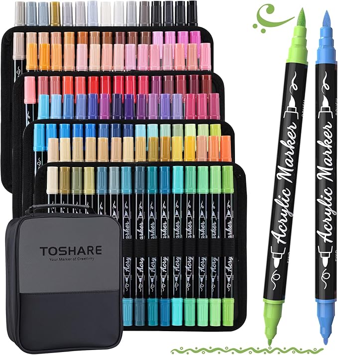 120 Colors Acrylic Paint Markers, Waterproof Dual Tip Acrylic Paint Pens by TOSHARE