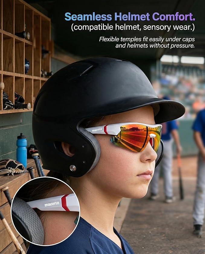 maivnz Youth Baseball Sunglasses for Boys and Girls Ages 6-12, Kids Sports Glasses for Softball Cycling, Helmet Compatible