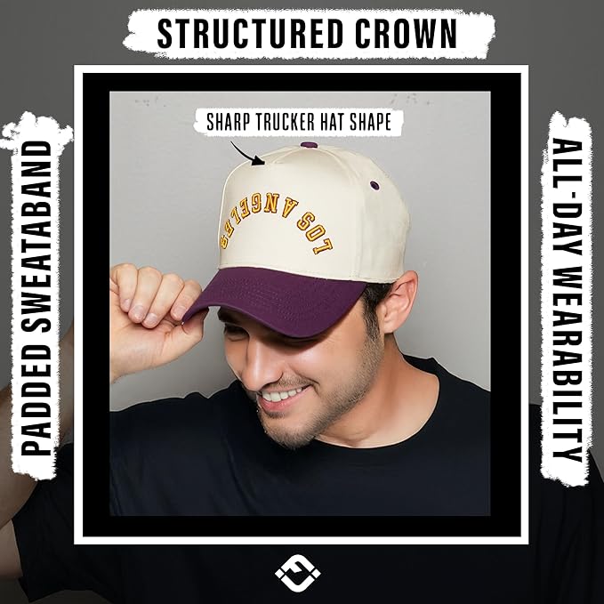Funky Junque Upside Down City Trucker Hat for Men and Women – Unisex 3D Embroidered Gameday Baseball Cap, Retro Snapback Hats