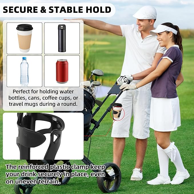 TonGass 2-Pack Golf Push Cart Cup Holder, Universal Plastic Golf Trolley Drink Holder Mount for Golfs Push Carts, Durable Shock-Resistant Design Fits Most Golfs Trolley Tubes and Handles - Black