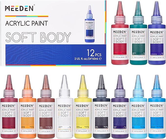 MEEDEN Soft Body Acrylic Paints Set: Matte Finish 12 Colors x 60ml/2oz Fluid by MEEDEN